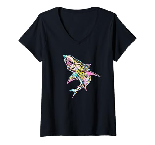 Damen Weißer Hai Motiv Haie T-Shirt mit V-Ausschnitt von Weißer Hai Herren Damen Kinder Jungen - Geschenk
