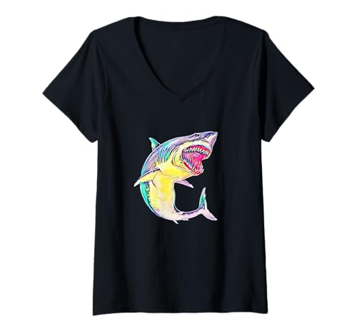 Damen Weißer Hai Motiv Haie T-Shirt mit V-Ausschnitt von Weißer Hai | Herren Damen Kinder Jungen Geschenk