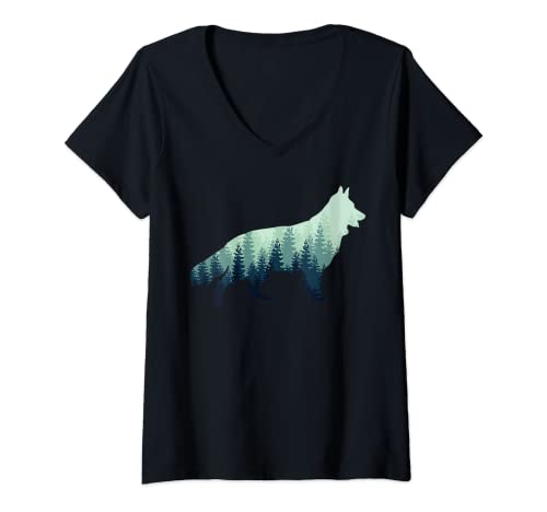Damen Weisser Schäferhund Wald Schäferhunde T-Shirt mit V-Ausschnitt Damen Weisser Schäferhund Wald Schäferhunde T-Shirt mit V-Ausschnitt von Weißer Schäferhund & Deutscher Schäferhund Designs