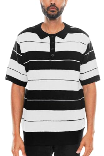 Weiv Herren Charlie Brown Poloshirt S-5X Kurzarm Shirt Midweight Acryl Stretch Button Casual Top, Schwarz Weiß, L von Weiv Gear