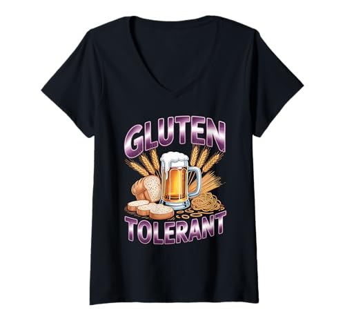 Damen Gluten Tolerant Bier Brotliebhaber Lustiges Sprüche Brot T-Shirt mit V-Ausschnitt Damen Gluten Tolerant Bier Brotliebhaber Lustiges Sprüche Brot T-Shirt mit V-Ausschnitt von Weizen und Gerste Humorvolle Accessoires