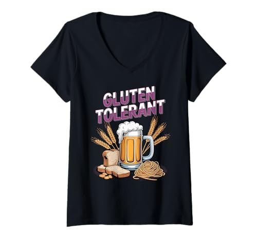 Damen Gluten Tolerant Bier Brotliebhaber Lustiges Sprüche Brot T-Shirt mit V-Ausschnitt von Weizen und Gerste Humorvolle Accessoires