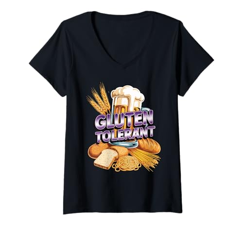 Damen Gluten Tolerant Bier Brotliebhaber Lustiges Sprüche Brot T-Shirt mit V-Ausschnitt von Weizen und Gerste Humorvolle Accessoires