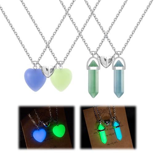 Wekuw Bergkristall Anhänger, 4 Stück Kristall Edelstein Kette Sechskant Herz Quarzkristall Anhänger Halskette Leuchtende Freundschaftskette Magnetisch Pärchen Kette Matching Necklace von Wekuw