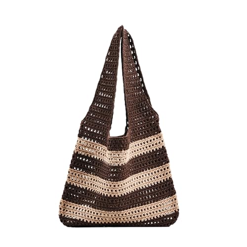 Wekuw Damen Umhängetasche Gestrickte Umhängetasche Kaffee und Khaki Gehäkelte Mesh Strand Tote Bag Leichte Strick-Tote Tasche Strandtasche Damen, für Arbeit Büro Reisen Einkaufen Schule und Alltag von Wekuw