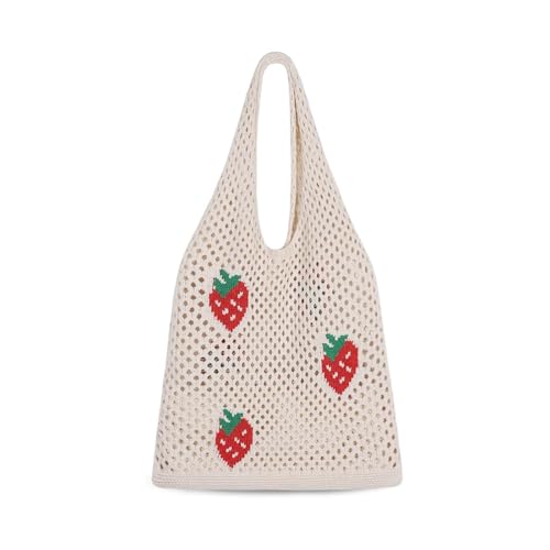 Wekuw Damen Umhängetasche Gestrickte Umhängetasche mit Erdbeermuster Gehäkelte Mesh Strand Tote Bag Leichte Strick-Tote Tasche Strandtasche Damen, für Arbeit Büro Reisen Einkaufen Schule und Alltag von Wekuw