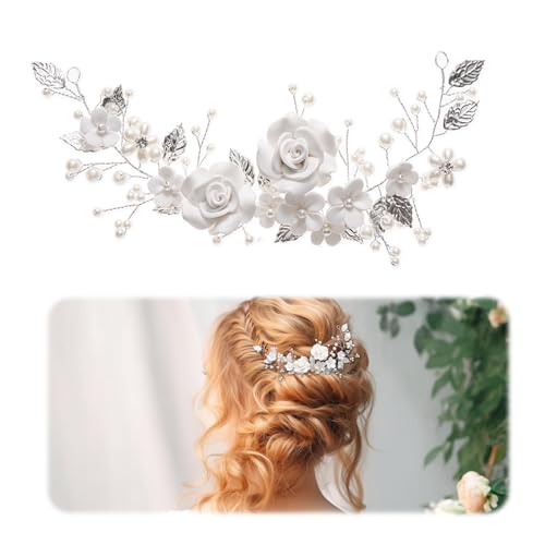 Wekuw Silber Kristall Stirnband, Blume Hochzeit Haar Rebe Perle Haarschmuck Braut Blume Blatt Kopfschmuck Haarschmuck Hochzeit Haarschmuck Kommunion, für Frauen und Mädchen (Silber) von Wekuw