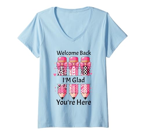 Damen Willkommen zurück Ich freue Mich, DASS du Hier bist. Zurück zur Schule, Lehrer T-Shirt mit V-Ausschnitt Damen Willkommen zurück Ich freue Mich, DASS du Hier bist. Zurück zur Schule, Lehrer T-Shirt mit V-Ausschnitt von Welcome Back I'm Glad You're Here Teacher 2025 Tee