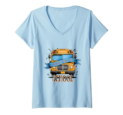 Damen Welcome Back School Shirt Stapel Apple Cute Books Pencil Fun T-Shirt mit V-Ausschnitt Damen Welcome Back School Shirt Stapel Apple Cute Books Pencil Fun T-Shirt mit V-Ausschnitt von Welcome Back School Tee Shirts for Teachers
