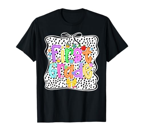 Back to School First Grade Mädchen Schleife 1. Klasse Dalmatiner Dot T-Shirt Back to School First Grade Mädchen Schleife 1. Klasse Dalmatiner Dot T-Shirt von Welcome Back To School First Day Of First Grade