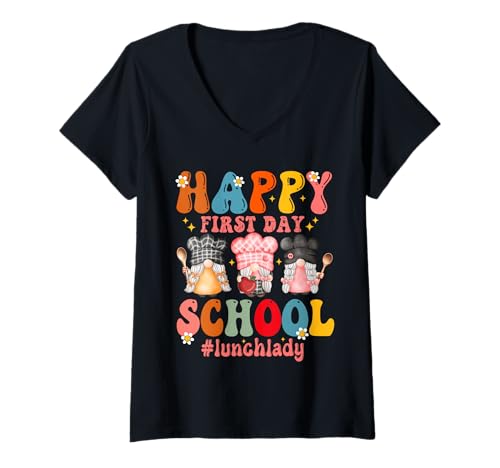 Damen Fröhlicher erster Schultag, Cafeteria-Mitarbeiterin, Mittagessen, lustige Dame T-Shirt mit V-Ausschnitt von Welcome Back To School lunch lady cute gnomes