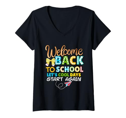 Damen Willkommen Zurück in die Schule, Papierflugzeug, Kinder, Schüler, Lehrer T-Shirt mit V-Ausschnitt Damen Willkommen Zurück in die Schule, Papierflugzeug, Kinder, Schüler, Lehrer T-Shirt mit V-Ausschnitt von Welcome Back to School Pencil Bow Tees