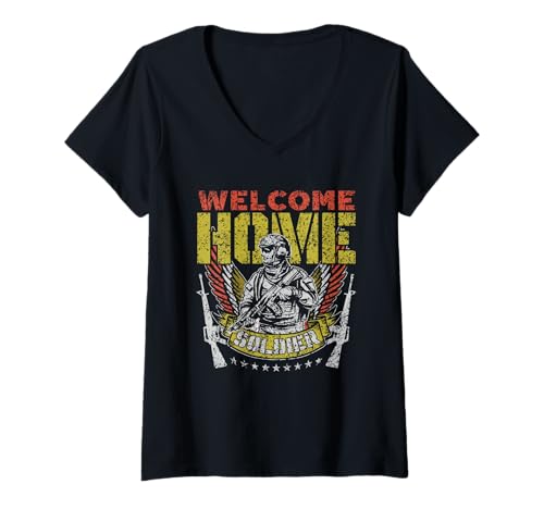 Damen Willkommen Zu Hause Soldat Heimkehr Willkommen Zuhause T-Shirt mit V-Ausschnitt von Welcome Home Soldier Zuhause Familie Soldaten