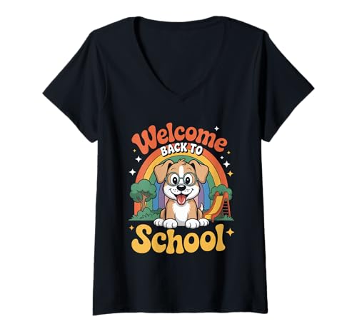 Damen Willkommen zurück in der Schule Süße Hundekinder am ersten Schultag T-Shirt mit V-Ausschnitt Damen Willkommen zurück in der Schule Süße Hundekinder am ersten Schultag T-Shirt mit V-Ausschnitt von Welcome Pup School Kids Rainbow Adventure