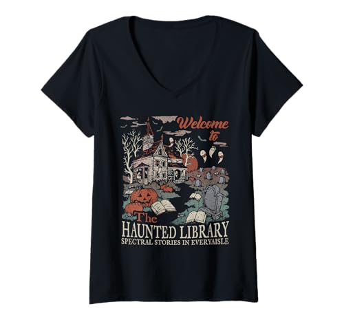 Damen Retro Willkommen in der Haunted Library, Buchliebhaber, Halloween T-Shirt mit V-Ausschnitt Damen Retro Willkommen in der Haunted Library, Buchliebhaber, Halloween T-Shirt mit V-Ausschnitt von Welcome To The Haunted Library Halloween