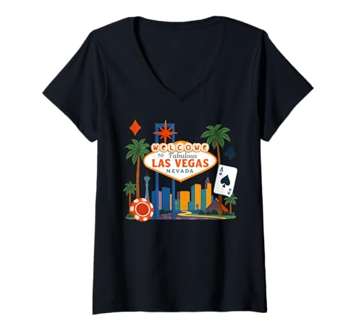 Damen Las Vegas Nevada Urlaubsreise Souvenir NV Skyline T-Shirt mit V-Ausschnitt Damen Las Vegas Nevada Urlaubsreise Souvenir NV Skyline T-Shirt mit V-Ausschnitt von Welcome to Fabulous Las Vegas Sign City Skyline