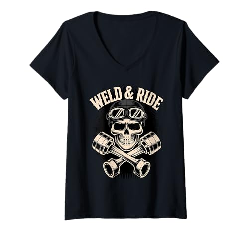 Damen Skull with Goggles and Crossed Pistons Biker Artwork T-Shirt mit V-Ausschnitt Damen Skull with Goggles and Crossed Pistons Biker Artwork T-Shirt mit V-Ausschnitt von Weld & Ride Motorsport Petrolhead
