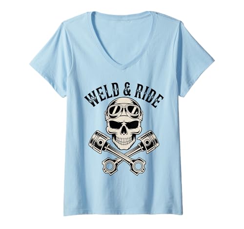 Damen Skull with Goggles and Crossed Pistons Biker Artwork T-Shirt mit V-Ausschnitt Damen Skull with Goggles and Crossed Pistons Biker Artwork T-Shirt mit V-Ausschnitt von Weld & Ride Motorsport Petrolhead