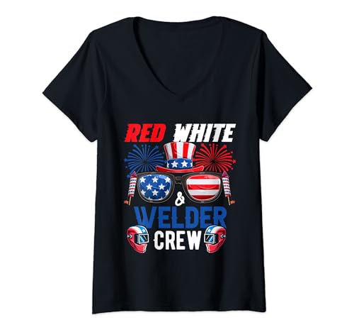 Damen Red White And Welder Crew 4th July Proud Flag Sunglasses T-Shirt mit V-Ausschnitt von Welder 4th Of July Costume