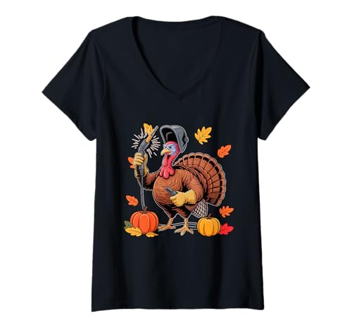 Damen Welder Job Thanksgiving Truthahn Herbst Blätter Kürbisse T-Shirt mit V-Ausschnitt Damen Welder Job Thanksgiving Truthahn Herbst Blätter Kürbisse T-Shirt mit V-Ausschnitt von Welder Thanksgiving Costume