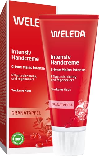 WELEDA Bio Intensiv Handcreme Granatapfel - Naturkosmetik Handpflege Creme beugt Pigmentflecken vor, Nachhaltige Feuchtigkeitscreme mit Sheabutter & Orange-Vanille Duft für trockene Hände (1x 50ml) von Weleda