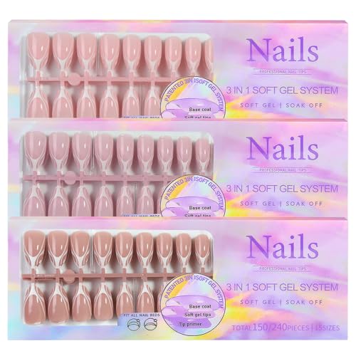 Welhammsae 240 * 3 Stück Französische Falsche Nägel mit Weißen Mustern, 2er Pack Lange Press on Nails, Selbstklebende Stiletto Nägel für Mädchen und Frauen, DIY Maniküre Set, 3 Naturtöne von Welhammsae