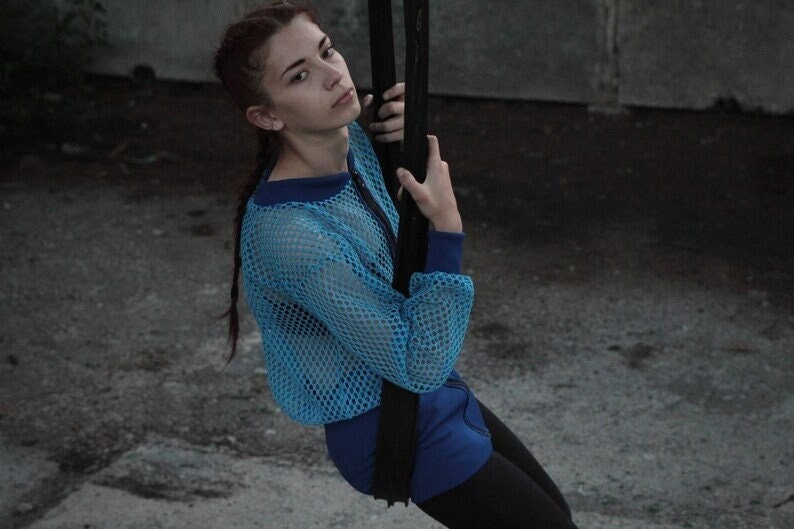 Blaues Netztop | Sheer Mesh-Reißverschlussjacke Langes Durchsichtiges Oberteil von WellWeatheredCoStore