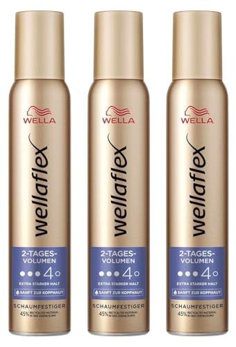 3x Wella Wellaflex 2-Tages-Volumen Schaumfestiger für Frauen Bis zu 2 Tage flexibler Halt Für voluminöses Haar Sanft zur Kopfhaut,Frei von Silikonen Haltegrad 4, 200ml (3er Pack) von Wella