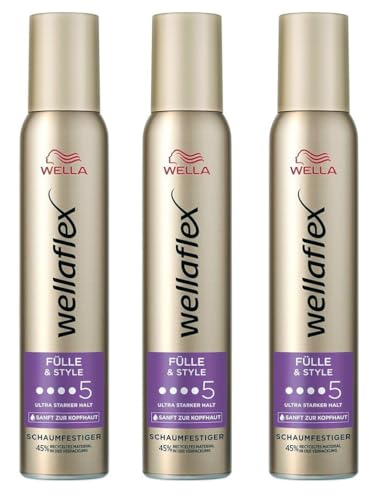 3x Wella Wellaflex Fülle & Style Schaumfestiger für Frauen Bis zu 24 Stunden.Ultra starker Halt, Für volles voluminöses Haar Sanft zur Kopfhaut,Silikonenfrei Haltegrad 5, 200ml (3er Pack) von Wella