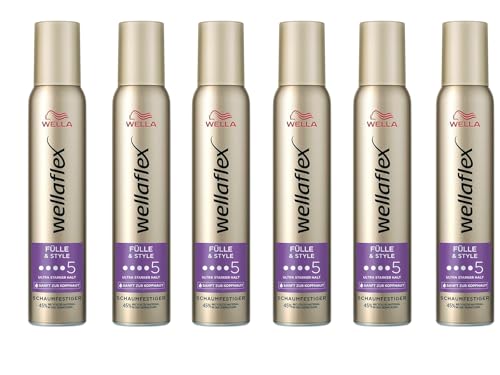 6x Wella Wellaflex Fülle & Style Schaumfestiger für Frauen Bis zu 24 Stunden.Ultra starker Halt, Für volles voluminöses Haar Sanft zur Kopfhaut,Silikonenfrei Haltegrad 5, 200ml (6er Pack) von Wella