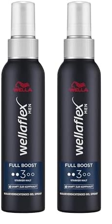 Wellaflex Men Full Boost Haarverdichtendes Gel Spray | Stark haltendes Spray Für Männer | Voller aussehendes Haar | Mit Koffein | Dermatologisch getestet & silikonfrei | 150ml (Packung mit 2) von Wellaflex