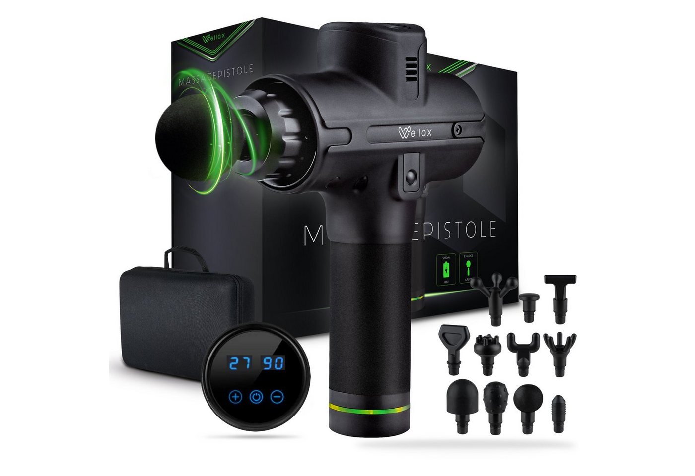 Wellax Massagepistole [Version 2025] - Leistungsstarke Massage Gun mit 11 Massageaufsätzen, 20 Geschwindigkeitsstufen - LED-Touchscreen von Wellax