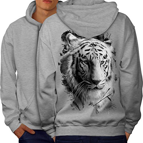 Wellcoda Weiß Tiger Kopf Männer Kapuzenpullover Wild Aufdruck auf Rückseite von Wellcoda