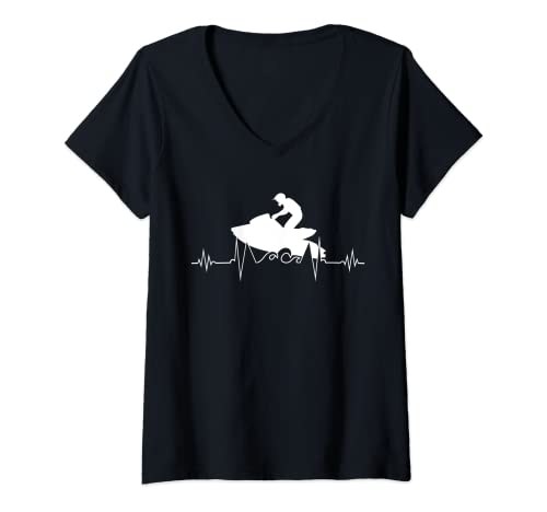 Damen EKG Herzschlag Jetski Jetboot Wellen Meer Wassersport Puls T-Shirt mit V-Ausschnitt von Welle Seadoo Strand Meerwasser Sonne Heartbeat EKG