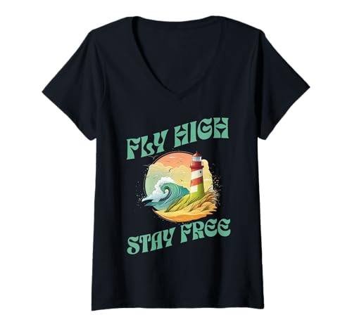 Damen Frei fliegen frei bleiben Küste Sonnenuntergang T-Shirt mit V-Ausschnitt Damen Frei fliegen frei bleiben Küste Sonnenuntergang T-Shirt mit V-Ausschnitt von Wellen Abenteuer Natur Fan Lieblingsmotiv