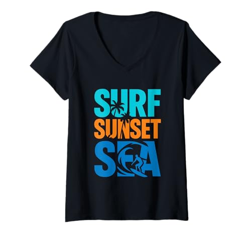 Damen Surf Sunset Sea – Surfer-Vibes mit Sonnenuntergang und Meere T-Shirt mit V-Ausschnitt von Wellenjäger Lifestyle