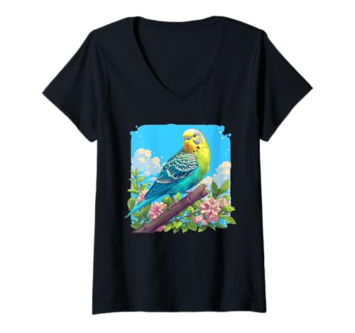 Damen Wellensittiche Wellensittich T-Shirt mit V-Ausschnitt Damen Wellensittiche Wellensittich T-Shirt mit V-Ausschnitt von Wellensittiche Wellensittich Tier Shop