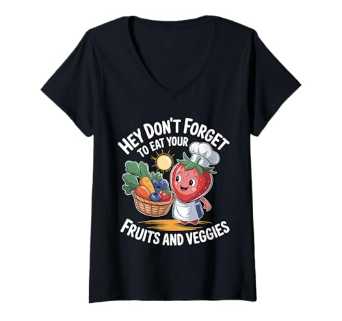 Damen Hey Don't Forget to Eat Your Fruits and Veggies |- T-Shirt mit V-Ausschnitt Damen Hey Don't Forget to Eat Your Fruits and Veggies |- T-Shirt mit V-Ausschnitt von Wellnessroutine essen