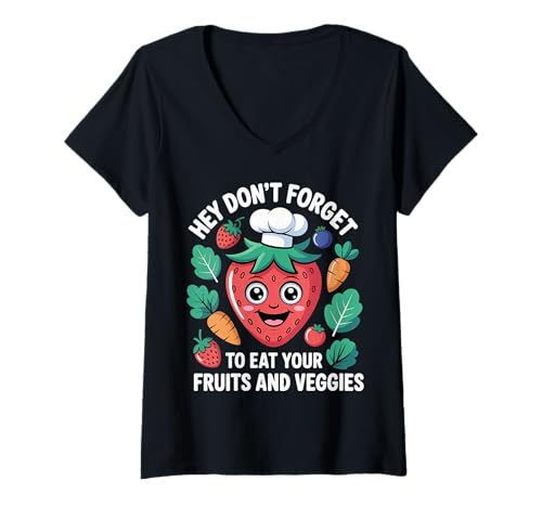 Damen Hey Don't Forget to Eat Your Fruits and Veggies |- T-Shirt mit V-Ausschnitt Damen Hey Don't Forget to Eat Your Fruits and Veggies |- T-Shirt mit V-Ausschnitt von Wellnessroutine essen