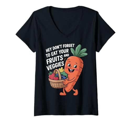 Damen Hey Don't Forget to Eat Your Fruits and Veggies |- T-Shirt mit V-Ausschnitt Damen Hey Don't Forget to Eat Your Fruits and Veggies |- T-Shirt mit V-Ausschnitt von Wellnessroutine essen
