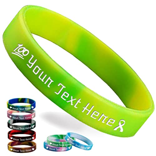 Personalisierte Silikon-Armbänder Bulk, individuelles 1,27 cm Gummi-Armband mit Textnachricht, individuelle Gummiband-Armbänder für Veranstaltungen, Bewusstsein, Geschenke, Grün / Gelb von Wellproof