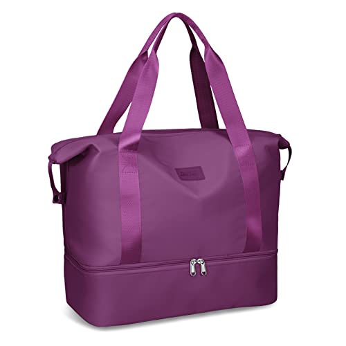 Welltop Reisetasche für Damen und Herren, Wasserdichte Sporttasche, 36L Weekender Damen Schwimmtasche Handgepäck Tasche, Kliniktasche Geburt Saunatasche mit Schuhbeutel(Dunkellila) von Welltop