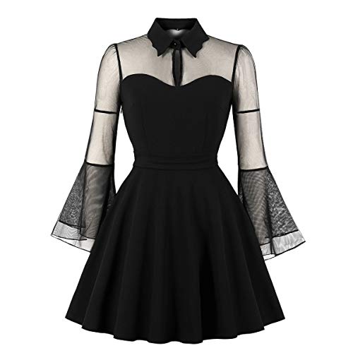 Wellwits Cocktailkleid für Damen mit Keyhole, langen Armen, Netz, knielang, Glockenrock, Schwarz , 38-40 von Wellwits