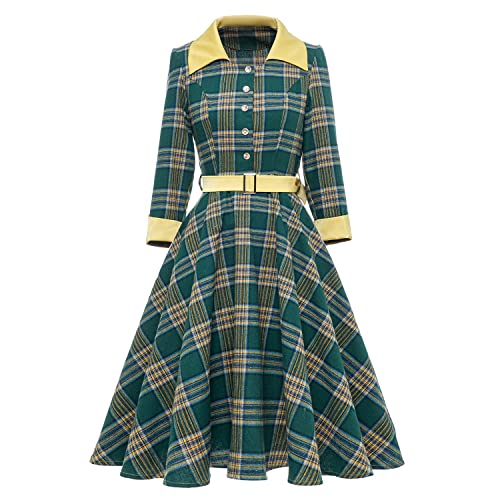 Wellwits Damen 3/4-Ärmel Kariert Plaid Knopfleiste Hemd Vintage Arbeitskleid, Grün (Green Check), 34 von Wellwits