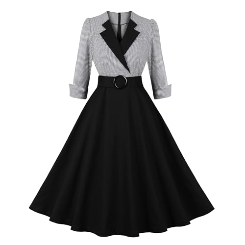 Wellwits Damen 3/4 Ärmel Karomuster Vintage Formelle Arbeits Kleid Schwarz 2XL von Wellwits