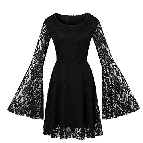 Wellwits Damen Ausgestellte Ärmel Spitze Witchy Gothic 40er 50er Retro Vintage Kleid, schwarz, 46 DE/48 DE Mehr von Wellwits