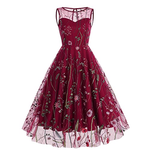 Wellwits Damen Blüte Sticken Gaze Weihnachten Rot Neujahr Retrolook Kleid 2XL von Wellwits