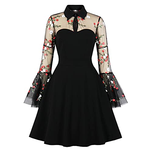 Wellwits Damen Blüten Stickarbeit Netzwerk Klingel Lang Ärmel Gothic Cocktailkleid 3XL von Wellwits