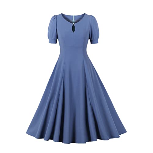 Wellwits Damen Bubble Sleeve Keyhole Front 1940er Cocktail Formal Vintage Kleid, Retro Blau, 36 von Wellwits