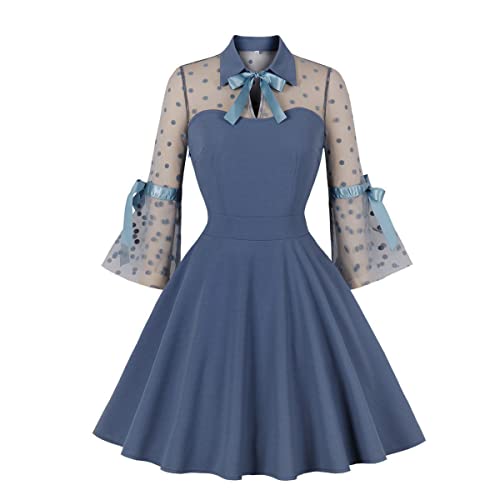 Wellwits Damen Cocktailkleid Vintage mit Loch Trompete Ärmel aus Tüll, Vintage Grau Blau, X-Large von Wellwits